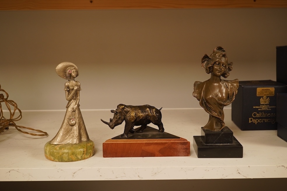 A bronzed rhino, a similar Art Nouveau style lady, and another, largest 19cm high